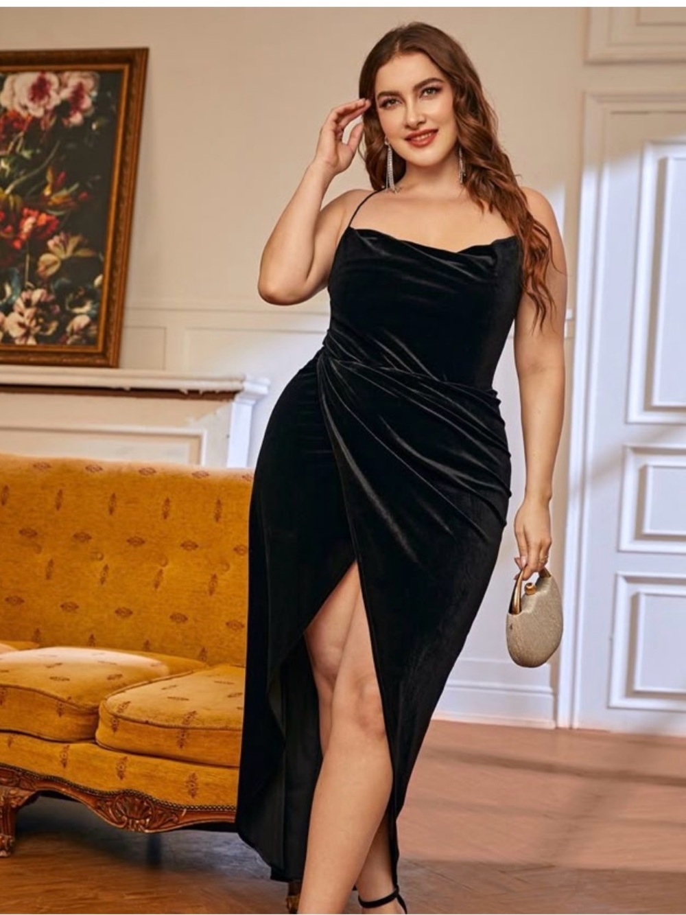 SHEIN Black Velvet Ruched High-Low Slip Dress